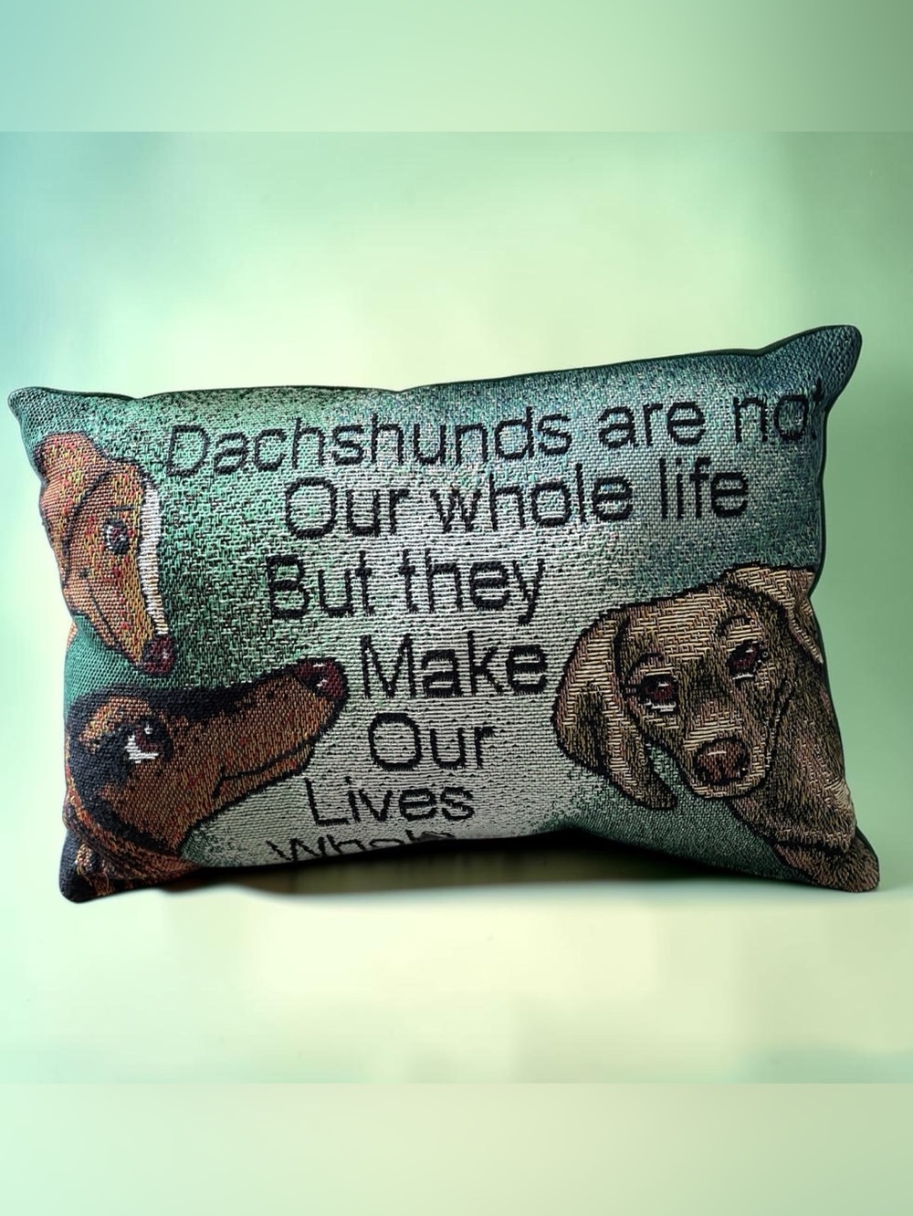 Small tapestry pillow, dachshund and a sentimental saying, vintage, clean